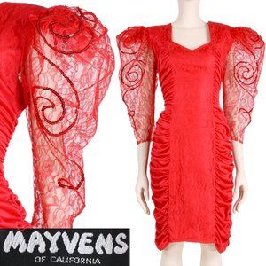 9 Vintage 80s Mayvens Red Lace Pouf Sleeve Ruched Lace Cocktail Mini Dress